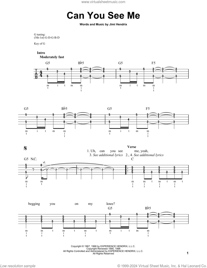 Can You See Me sheet music for banjo solo by Jimi Hendrix, intermediate skill level