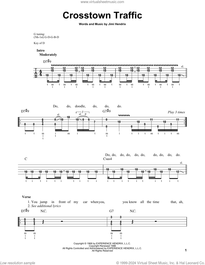 Crosstown Traffic sheet music for banjo solo by Jimi Hendrix, intermediate skill level