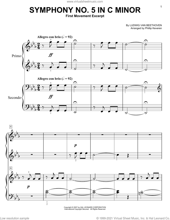 Symphony No. 5 In C Minor, First Movement Excerpt (arr. Phillip Keveren) sheet music for piano four hands by Ludwig van Beethoven and Phillip Keveren, classical score, easy skill level