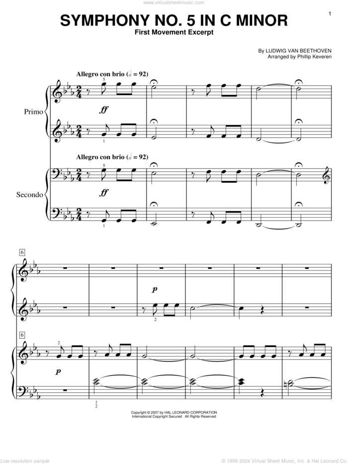 Symphony No. 5 In C Minor, First Movement Excerpt (arr. Phillip Keveren) sheet music for piano four hands by Ludwig van Beethoven and Phillip Keveren, classical score, easy skill level