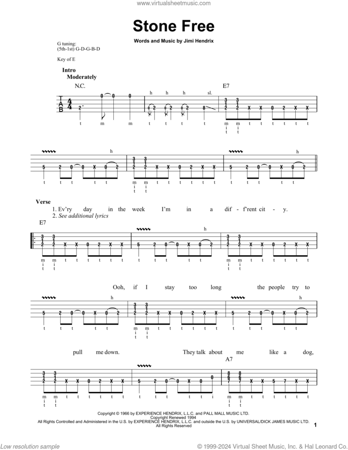 Stone Free sheet music for banjo solo by Jimi Hendrix, intermediate skill level