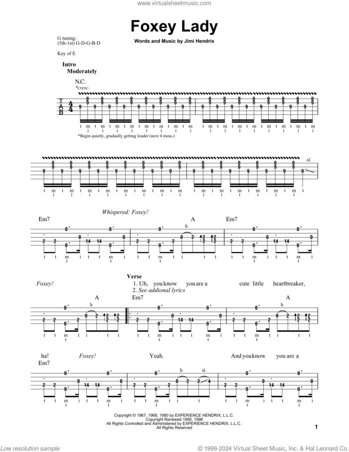 Foxey Lady sheet music for banjo solo by Jimi Hendrix, intermediate skill level