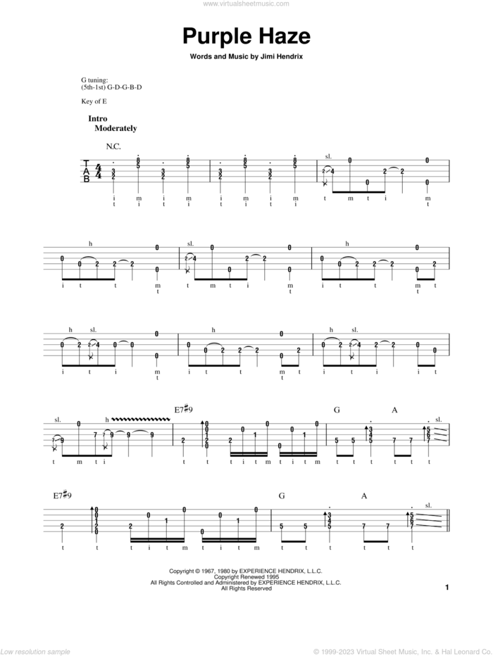 Purple Haze sheet music for banjo solo by Jimi Hendrix, intermediate skill level