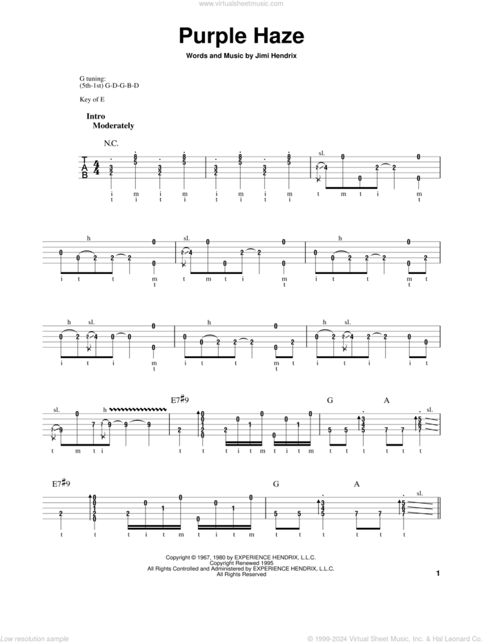 Purple Haze sheet music for banjo solo by Jimi Hendrix, intermediate skill level