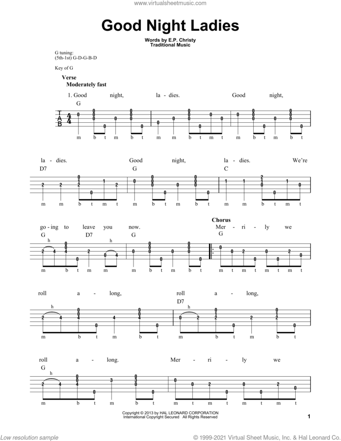 Good Night Ladies sheet music for banjo solo by E.P. Christy and Michael Miles, intermediate skill level