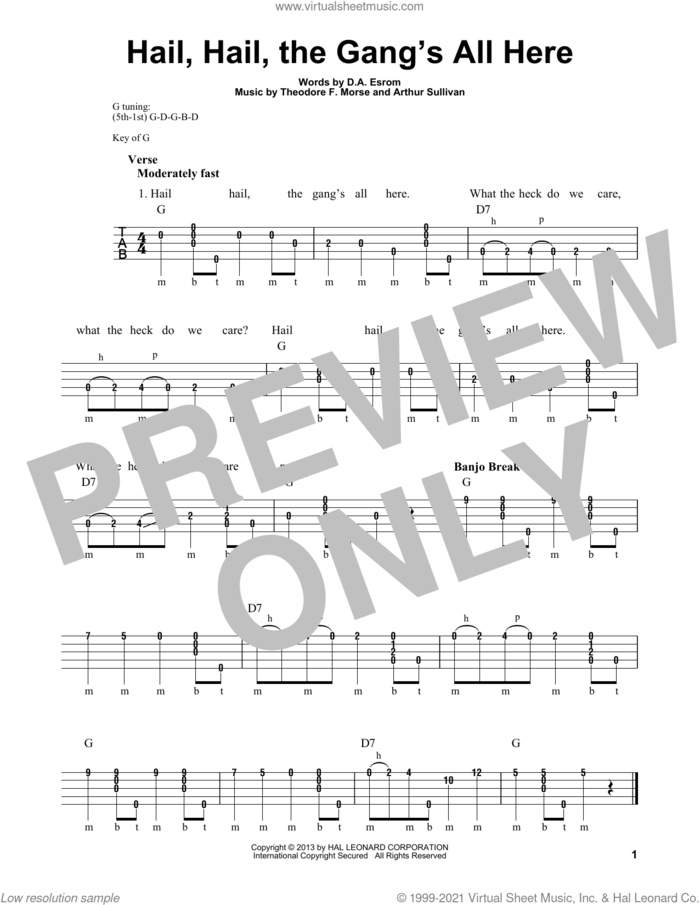 Hail, Hail, The Gang's All Here sheet music for banjo solo by Arthur Sullivan, Michael Miles, D.A. Esrom and Theodore F. Morse, intermediate skill level