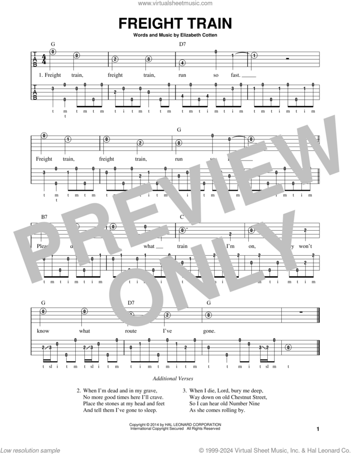 Freight Train sheet music for banjo solo by Elizabeth Cotten and Mac Robertson, intermediate skill level