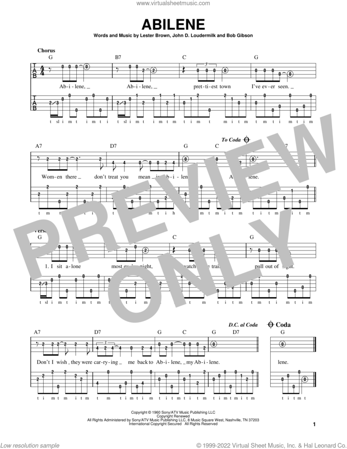 Abilene sheet music for banjo solo by George Hamilton IV, Mac Robertson, Bob Gibson, John D. Loudermilk and Lester Brown, intermediate skill level