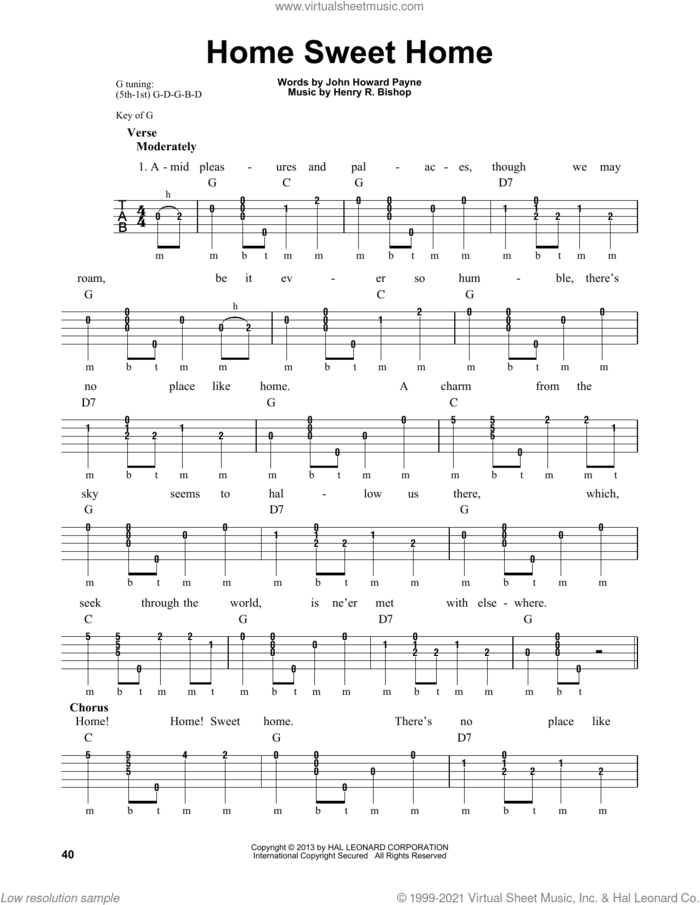 Home Sweet Home sheet music for banjo solo by Henry Rowley Bishop, Michael Miles and John Howard Payne, intermediate skill level