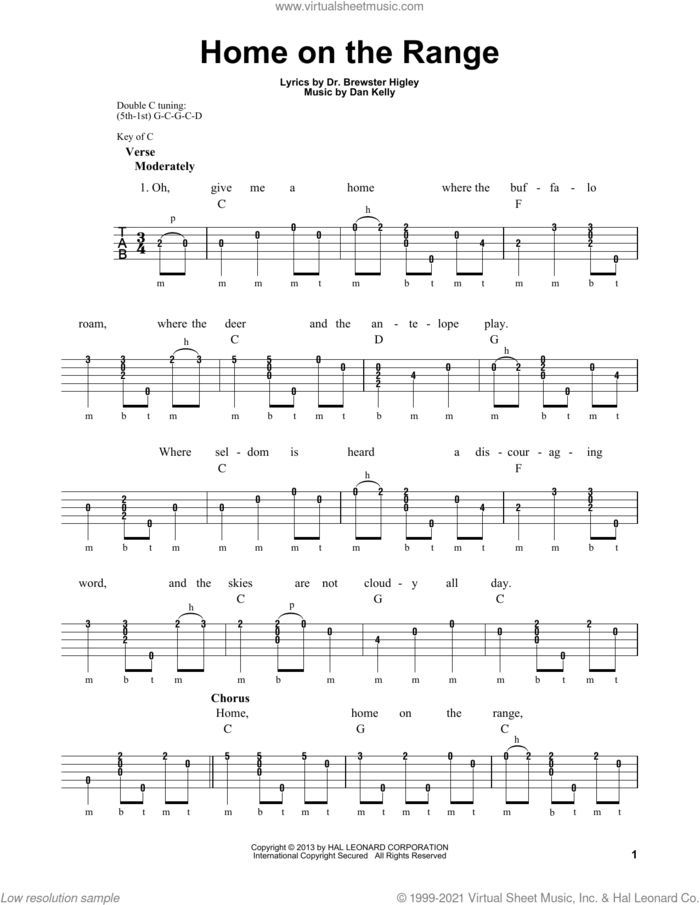Home On The Range sheet music for banjo solo by Dan Kelly, Michael Miles and Dr. Brewster Higley, intermediate skill level
