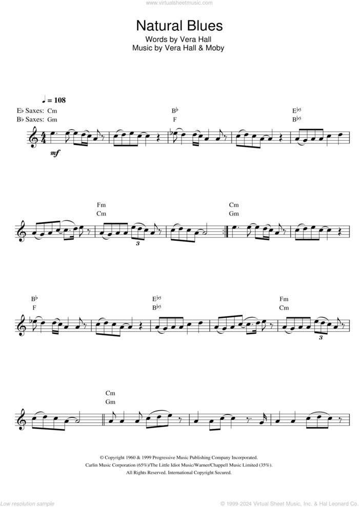 Natural Blues sheet music for alto saxophone solo by Moby and Vera Hall, intermediate skill level