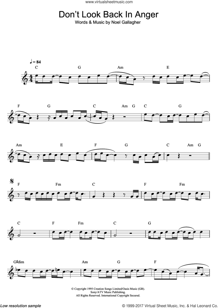 Don't Look Back In Anger sheet music for alto saxophone solo by Oasis and Noel Gallagher, intermediate skill level