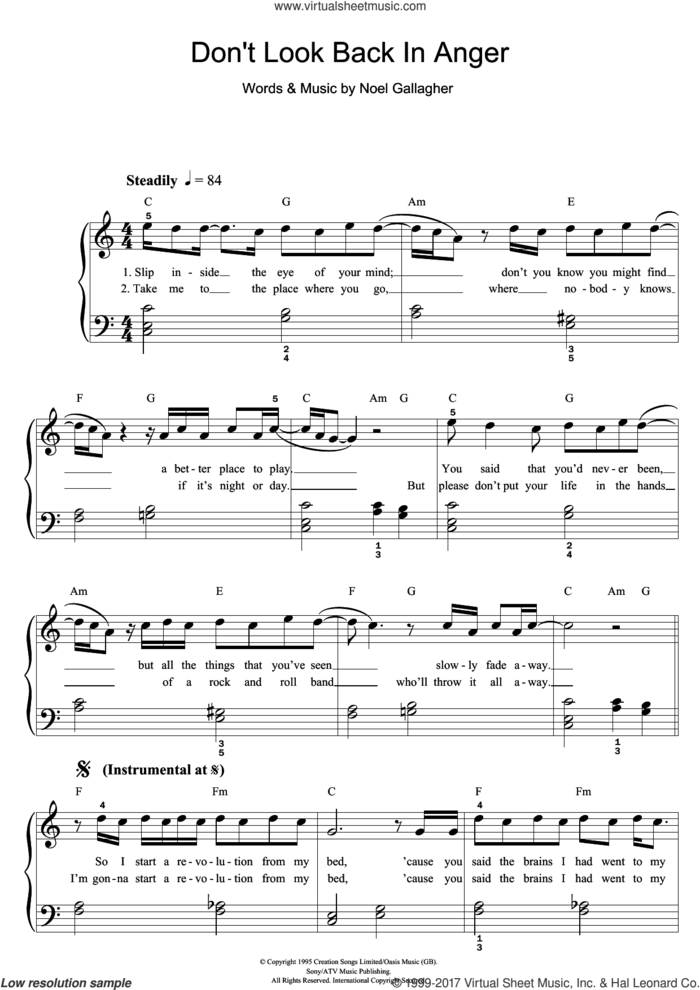 Don't Look Back In Anger sheet music for piano solo by Oasis and Noel Gallagher, easy skill level