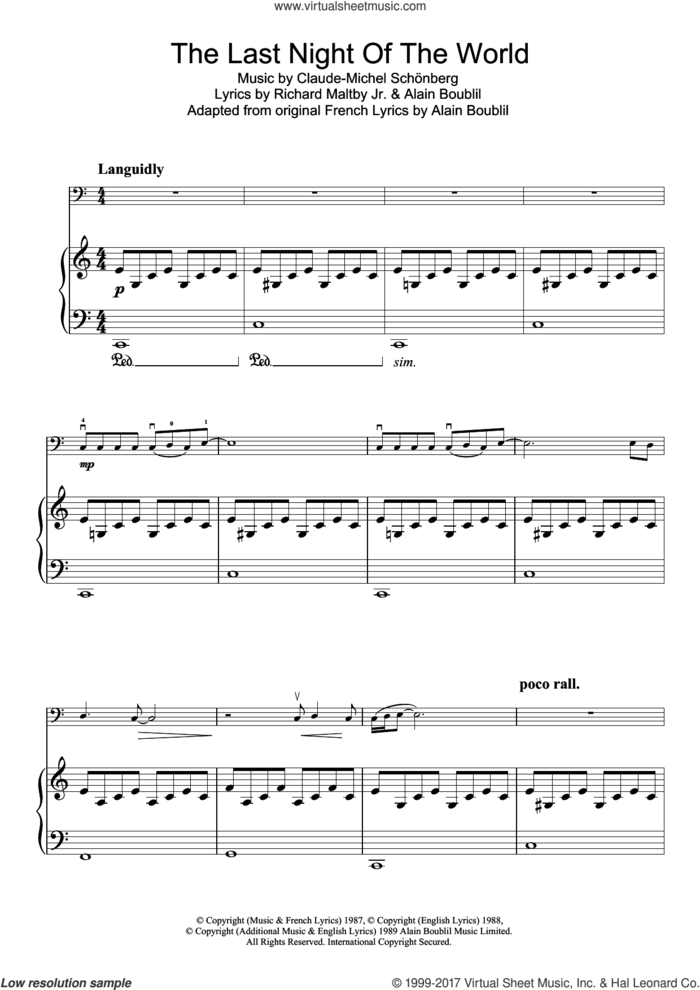 The Last Night Of The World (from Miss Saigon) sheet music for cello solo by Boublil and Schonberg, Alain Boublil, Claude-Michel Schonberg and Richard Maltby, Jr., intermediate skill level