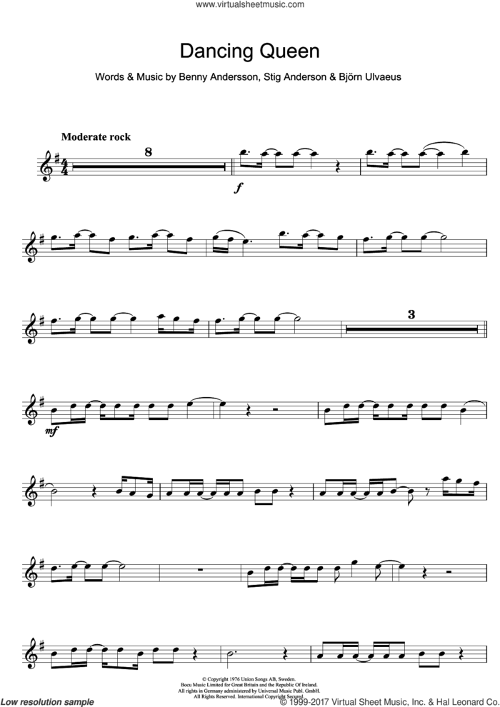 Dancing Queen sheet music for alto saxophone solo by ABBA, Benny Andersson, Bjorn Ulvaeus and Stig Anderson, intermediate skill level