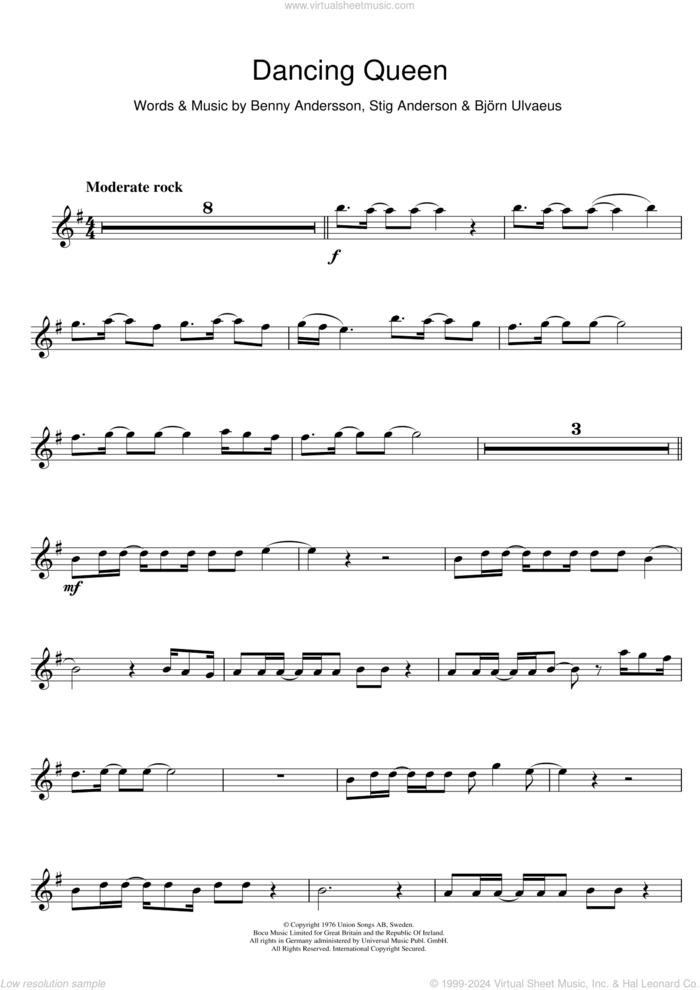 Dancing Queen sheet music for alto saxophone solo by ABBA, Benny Andersson, Bjorn Ulvaeus and Stig Anderson, intermediate skill level