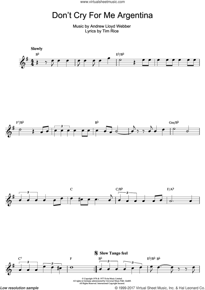 Don't Cry For Me Argentina (from Evita) sheet music for alto saxophone solo by Madonna, Andrew Lloyd Webber and Tim Rice, intermediate skill level