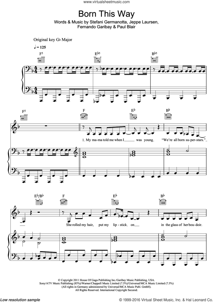 Born This Way sheet music for voice, piano or guitar by Lady Gaga, Fernando Garibay, Jeppe Laursen and Paul Blair, intermediate skill level
