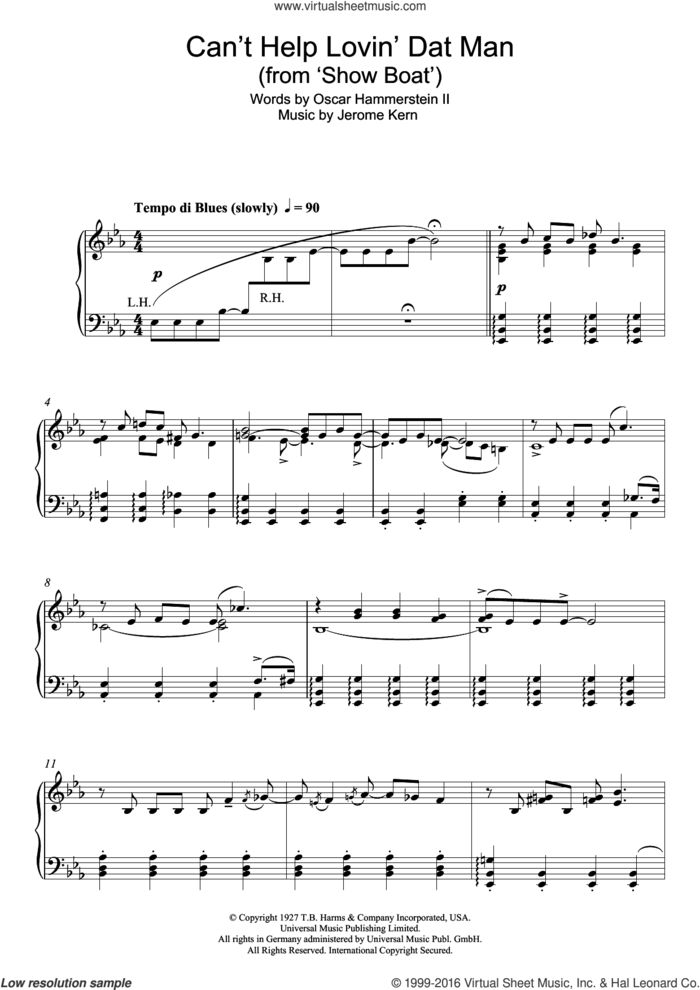 Can't Help Lovin' Dat Man (from Show Boat) sheet music for piano solo by Jerome Kern and Oscar II Hammerstein, intermediate skill level