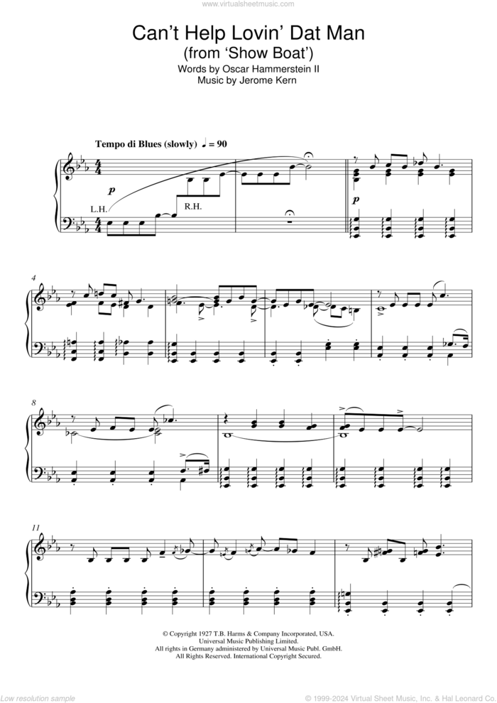 Can't Help Lovin' Dat Man (from Show Boat) sheet music for piano solo by Jerome Kern and Oscar II Hammerstein, intermediate skill level