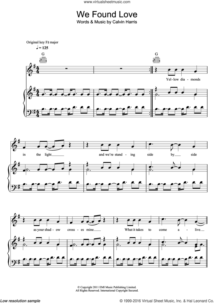 We Found Love (featuring Calvin Harris) sheet music for voice, piano or guitar by Rihanna and Calvin Harris, intermediate skill level