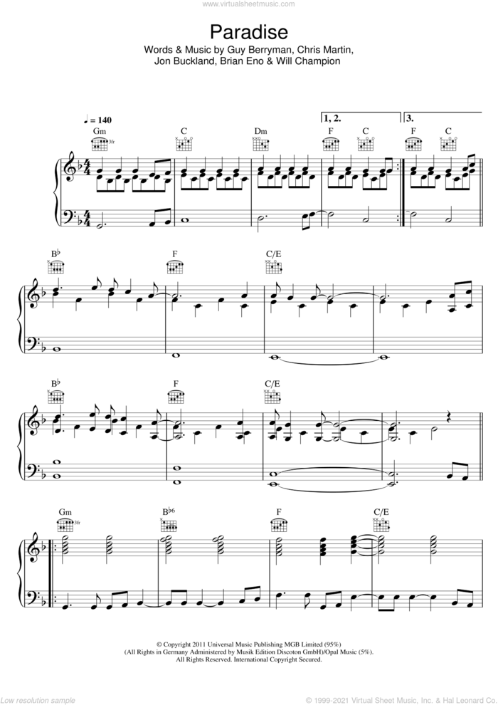 Paradise sheet music for voice, piano or guitar by Coldplay, Brian Eno, Chris Martin, Guy Berryman, Jonny Buckland and Will Champion, intermediate skill level