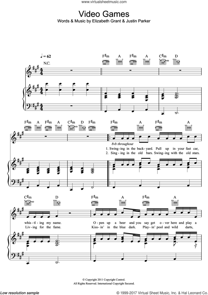Video Games sheet music for voice, piano or guitar by Lana Del Rey, Elizabeth Grant and Justin Parker, intermediate skill level
