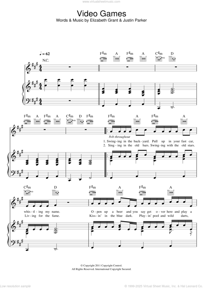 Video Games sheet music for voice, piano or guitar by Lana Del Rey, Elizabeth Grant and Justin Parker, intermediate skill level