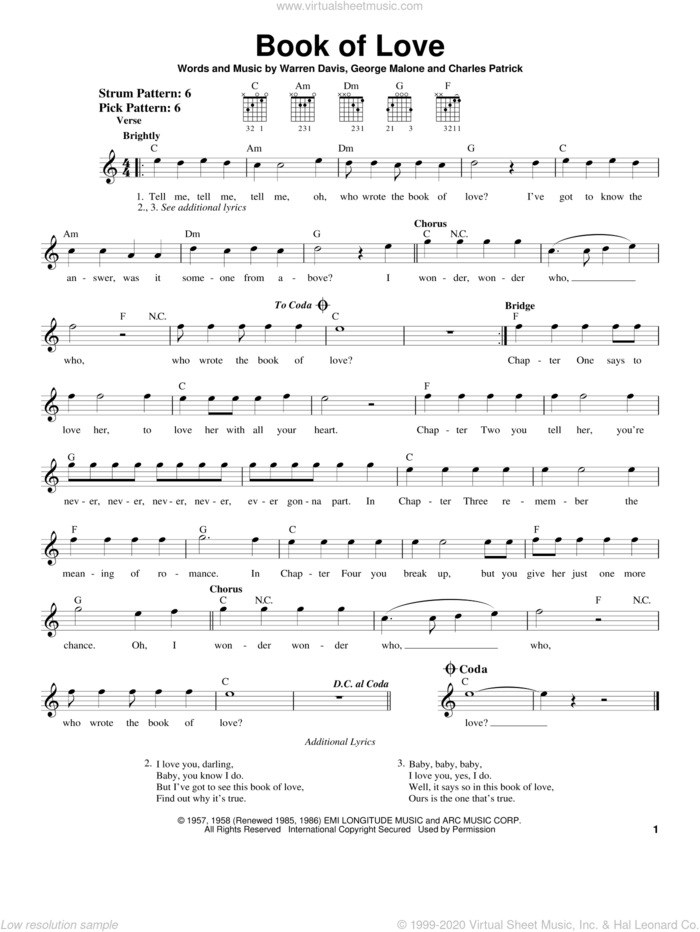 Book Of Love sheet music for guitar solo (chords) by The Monotones, Charles Patrick, George Malone and Warren Davis, easy guitar (chords)