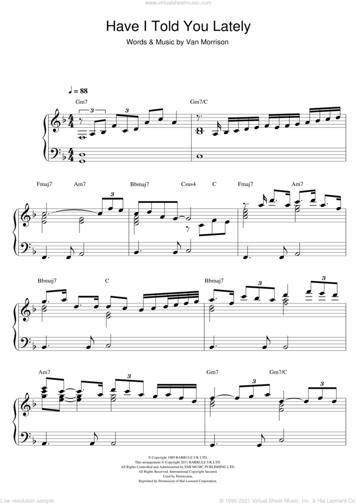 Have I Told You Lately, (intermediate) sheet music for piano solo by Van Morrison, intermediate skill level
