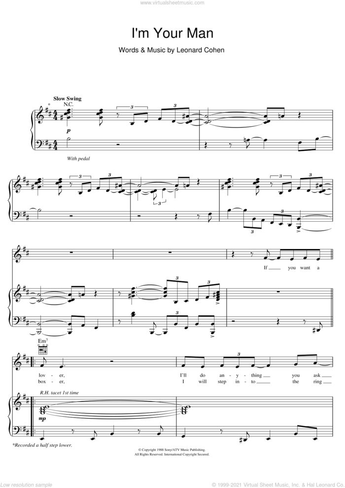 I'm Your Man sheet music for voice, piano or guitar by Michael Buble and Leonard Cohen, intermediate skill level