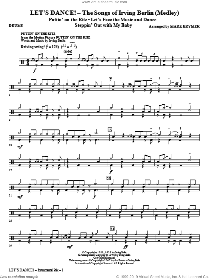 Let's Dance!, the songs of irving berlin (medley) sheet music for orchestra/band (drums) by Irving Berlin and Mark Brymer, intermediate skill level