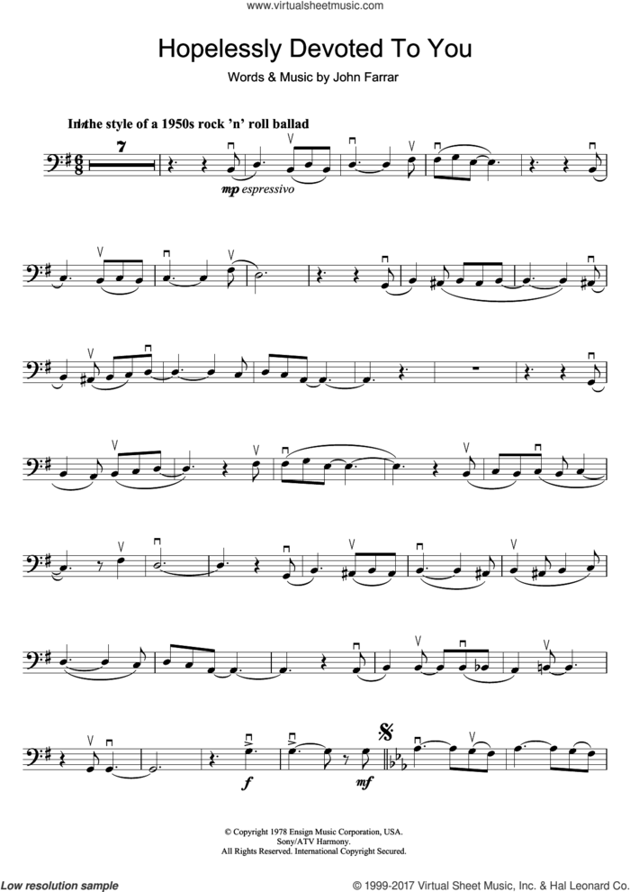 Hopelessly Devoted To You (from Grease) sheet music for cello solo by Olivia Newton-John and John Farrar, intermediate skill level