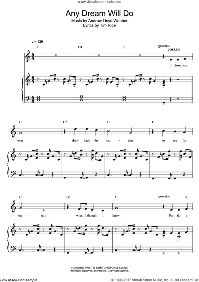 Any Dream Will Do (from Joseph And The Amazing Technicolor Dreamcoat) sheet music for voice, piano or guitar by Andrew Lloyd Webber and Tim Rice, classical score, intermediate skill level