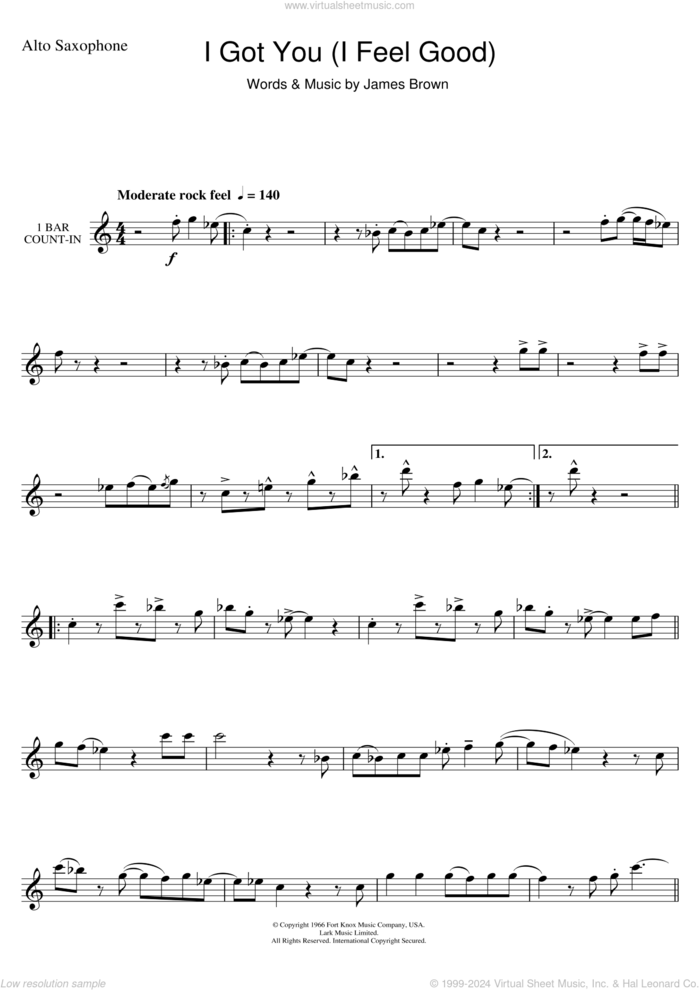 I Got You (I Feel Good) sheet music for alto saxophone solo by James Brown, intermediate skill level