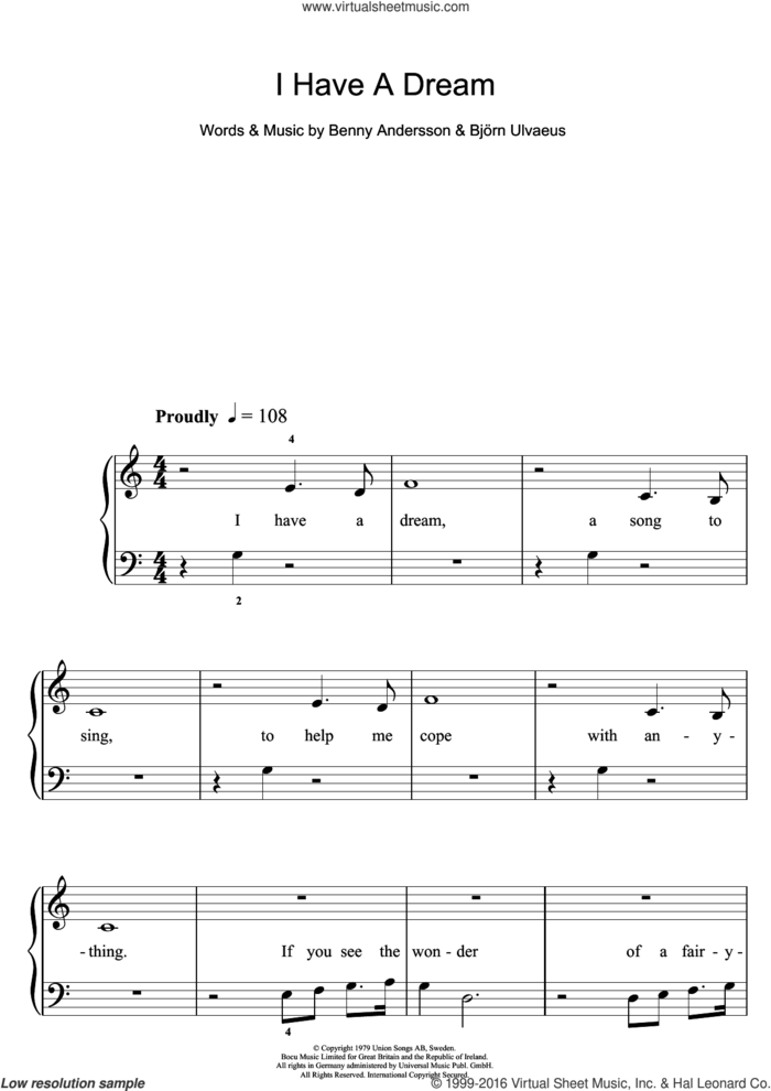 I Have A Dream sheet music for piano solo (5-fingers) by ABBA, Westlife, Benny Andersson and Bjorn Ulvaeus, beginner piano (5-fingers)