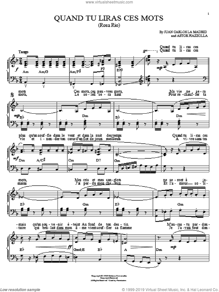 Quand tu liras ces mots (Rosa Rio) sheet music for piano solo by Astor Piazzolla and Juan Carlos La Madrid, intermediate skill level