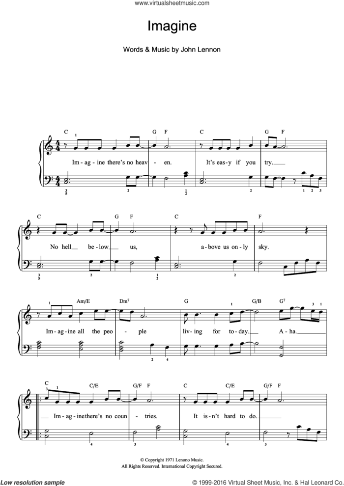 Imagine sheet music for piano solo (beginners) by John Lennon, beginner piano (beginners)
