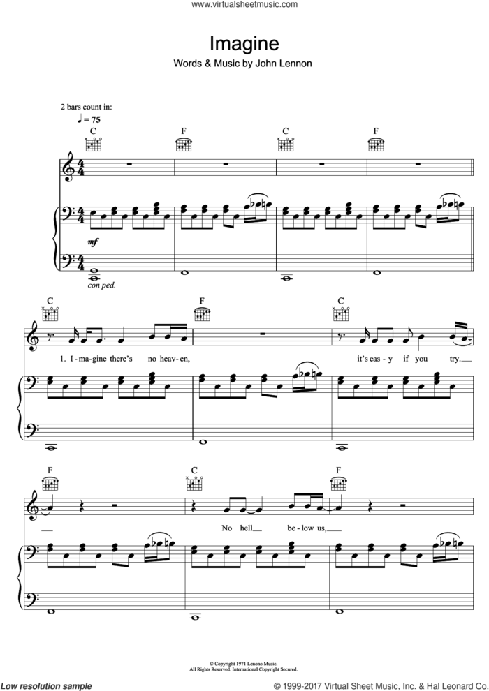 Imagine sheet music for voice, piano or guitar by John Lennon, intermediate skill level