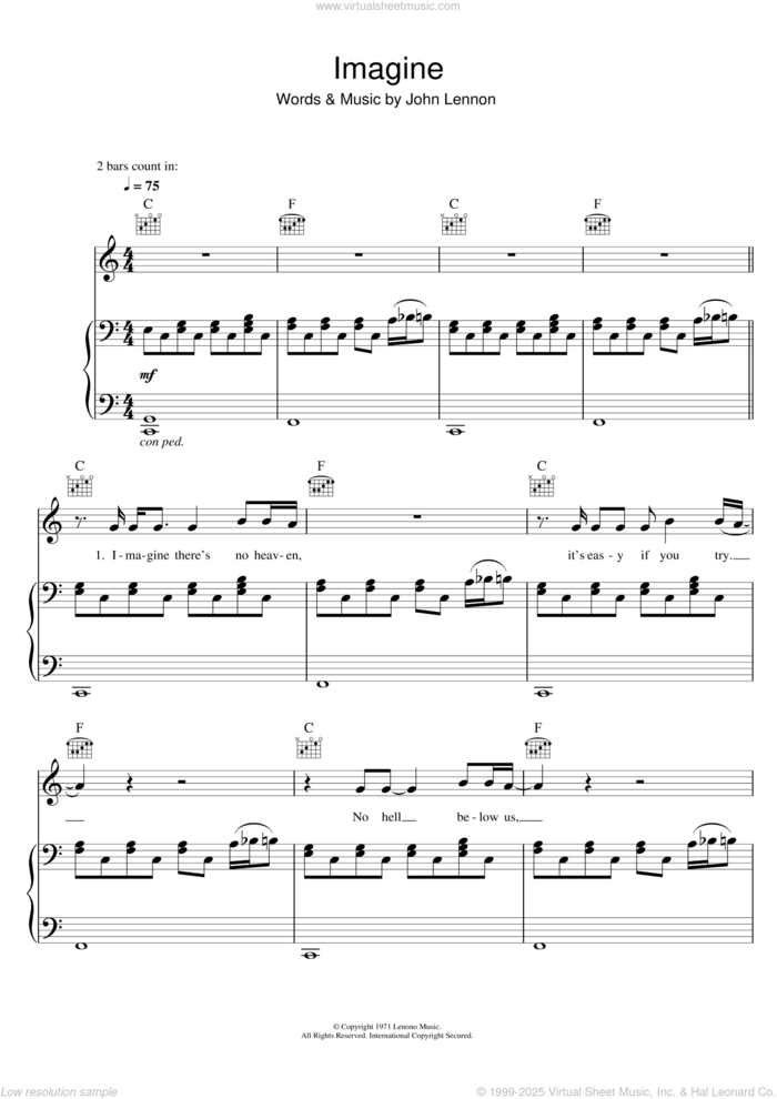 Imagine sheet music for voice, piano or guitar by John Lennon, intermediate skill level