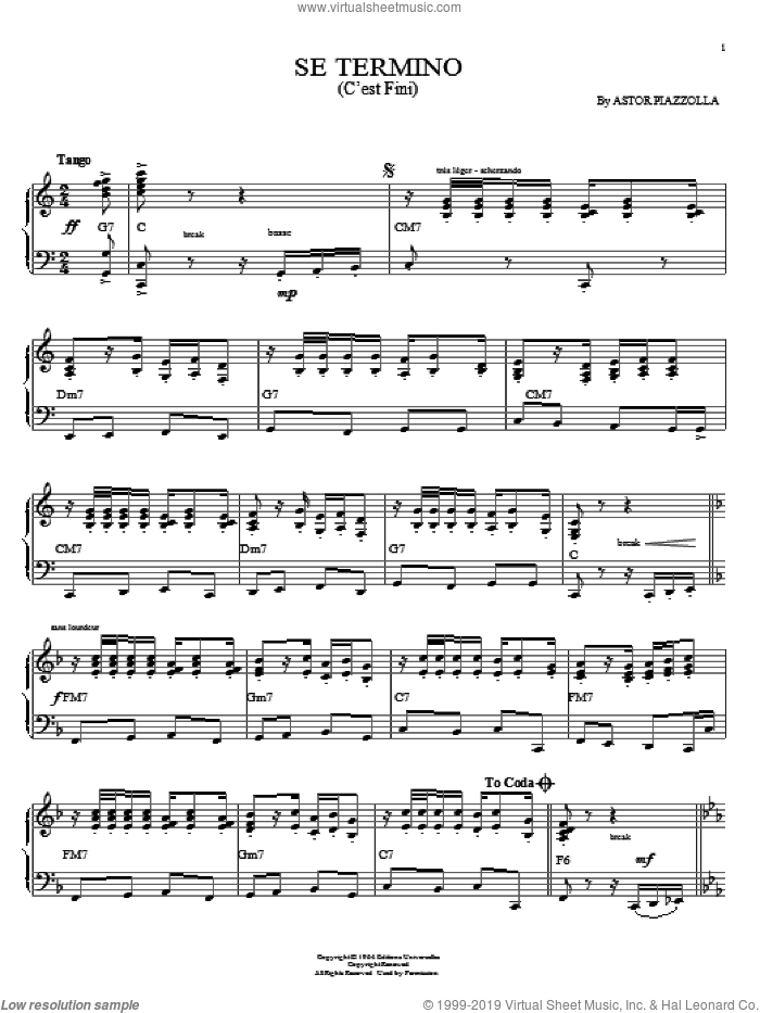 Se Termino (C'est fini) sheet music for piano solo by Astor Piazzolla, intermediate skill level