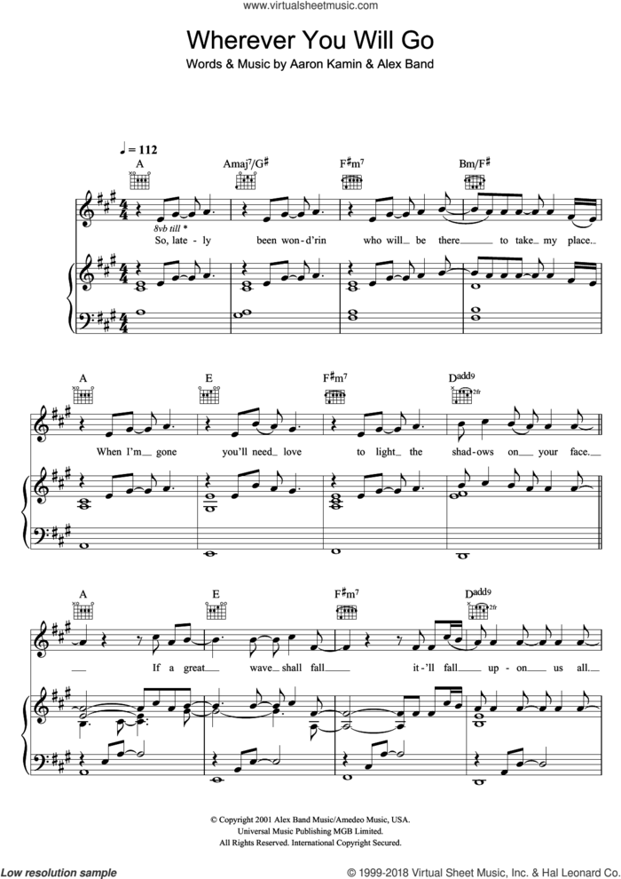 Wherever You Will Go sheet music for voice, piano or guitar by Charlene Soraia, The Calling, Aaron Kamin and Alex Band, intermediate skill level