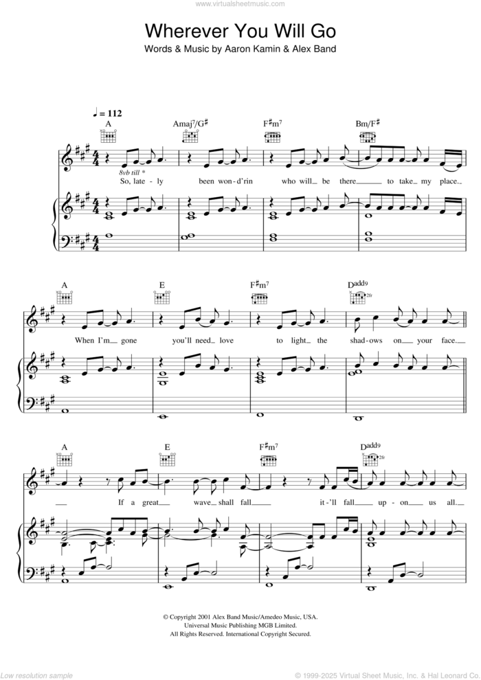 Wherever You Will Go sheet music for voice, piano or guitar by Charlene Soraia, The Calling, Aaron Kamin and Alex Band, intermediate skill level