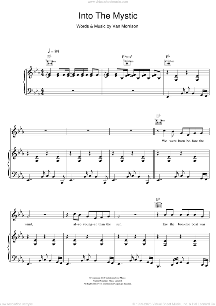 Into The Mystic sheet music for voice, piano or guitar by Van Morrison, intermediate skill level