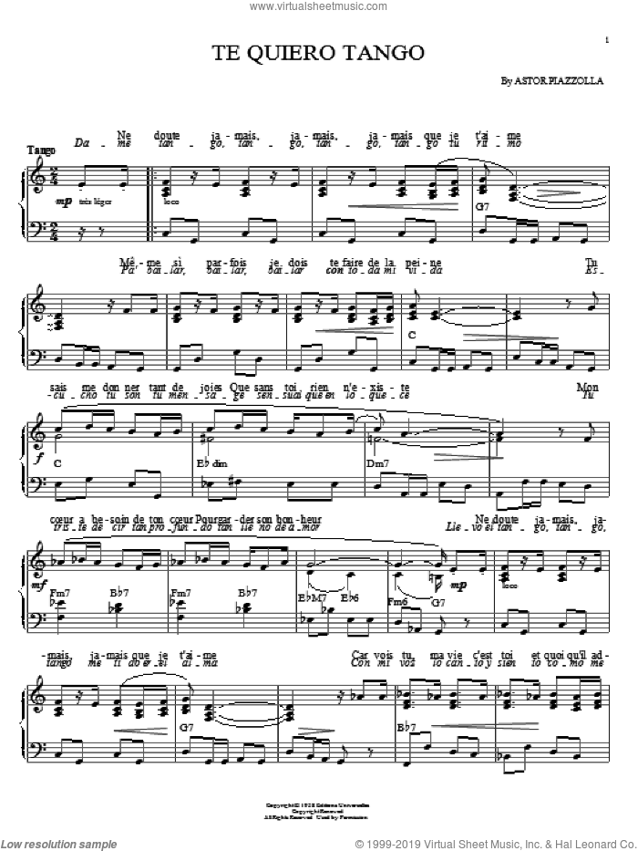 Te quiero tango sheet music for piano solo by Astor Piazzolla, intermediate skill level
