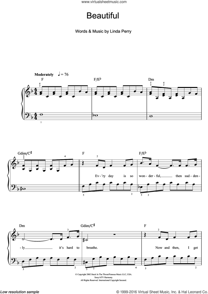 Beautiful sheet music for piano solo (beginners) by Christina Aguilera and Linda Perry, beginner piano (beginners)