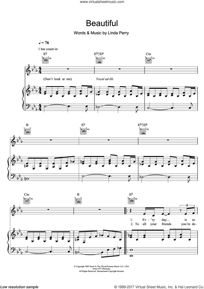 Beautiful sheet music for voice, piano or guitar by Christina Aguilera and Linda Perry, intermediate skill level