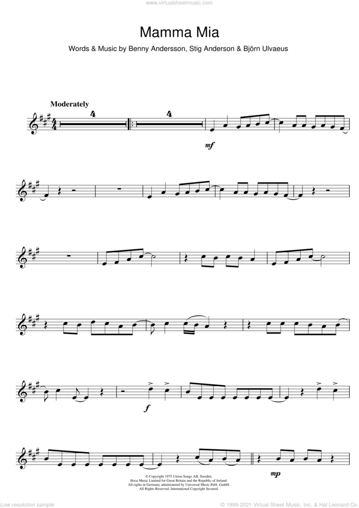 Mamma Mia sheet music for alto saxophone solo by ABBA, Benny Andersson, Bjorn Ulvaeus and Stig Anderson, intermediate skill level