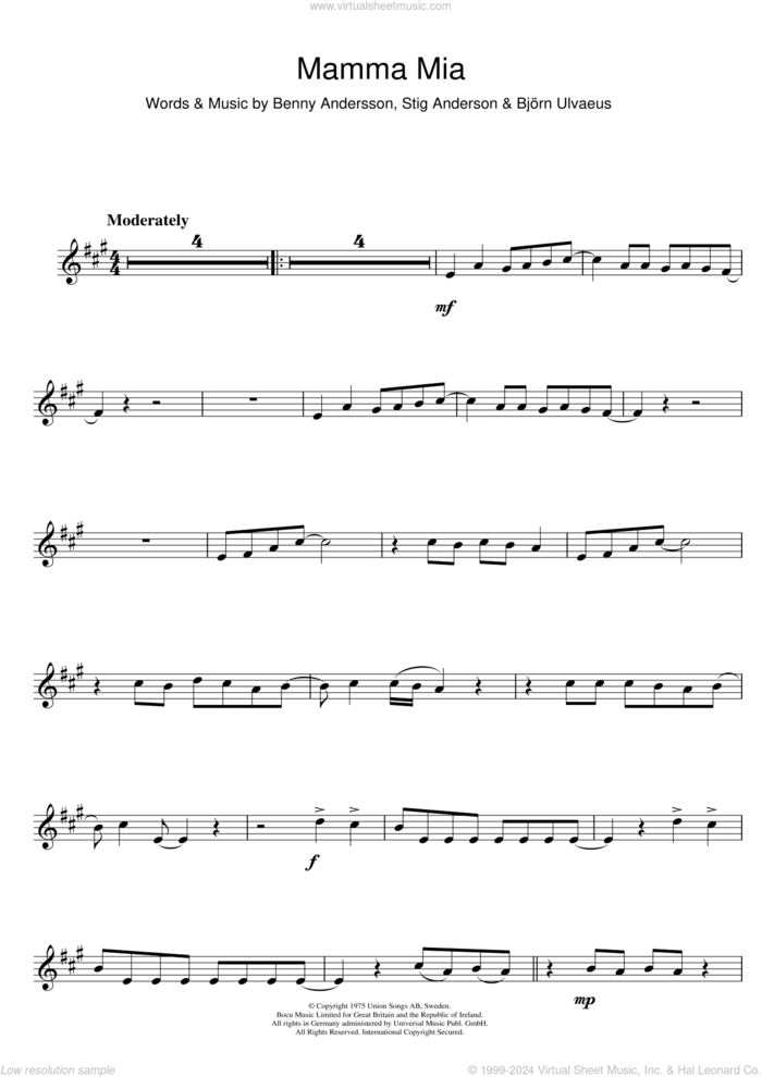 Mamma Mia sheet music for alto saxophone solo by ABBA, Benny Andersson, Bjorn Ulvaeus and Stig Anderson, intermediate skill level