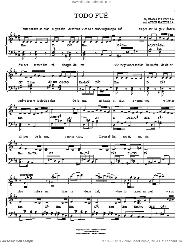Todo Fue sheet music for piano solo by Astor Piazzolla and Diana Piazzolla, intermediate skill level